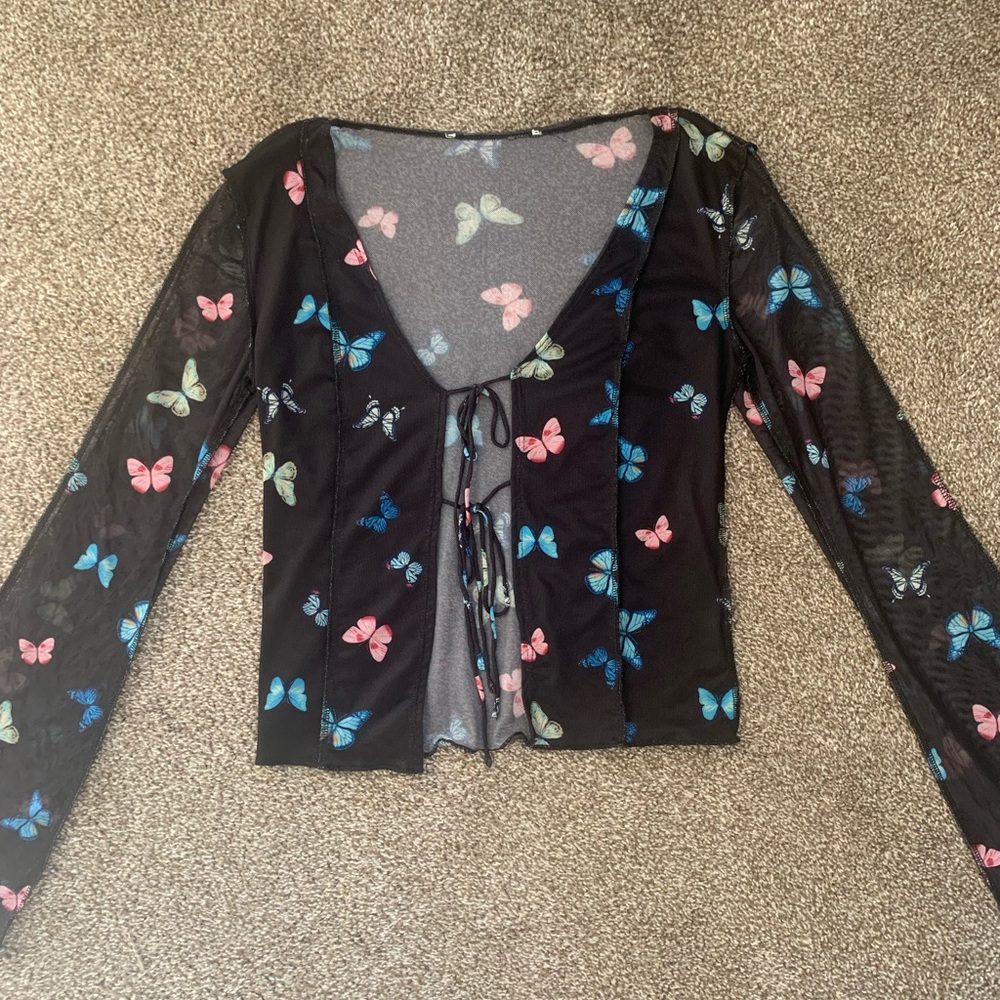 Butterfly Print Sheer Black Top